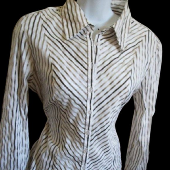 ---  Gold Striped Stretch Blouse Medium - Picture 1 of 1